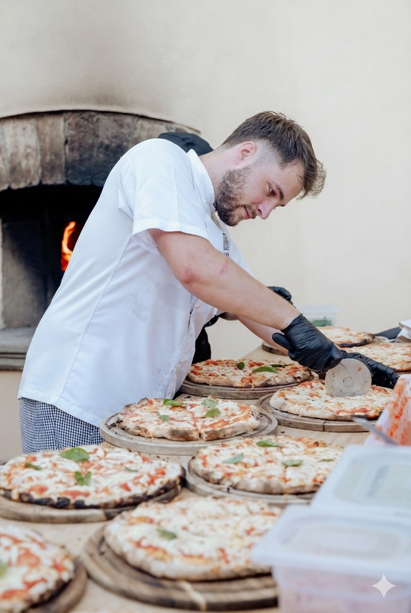 Chef Endri Cerhozi at the wood-fired oven